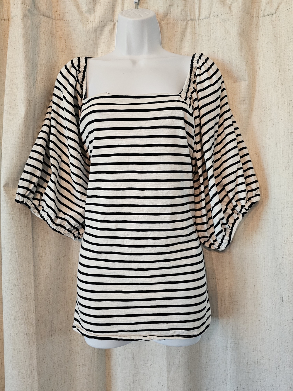 Striped Puff Sleeve Square Neck Top - Black & White